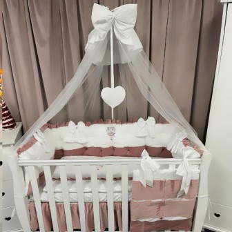 Lenjerie de patut personalizata 11 piese ROYAL Catifea White Pink Anastasia - PEPPIbambini