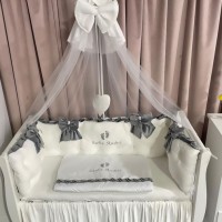 Lenjerie de patut personalizata 11 piese ROYAL Catifea White Grey - PEPPIbambini
