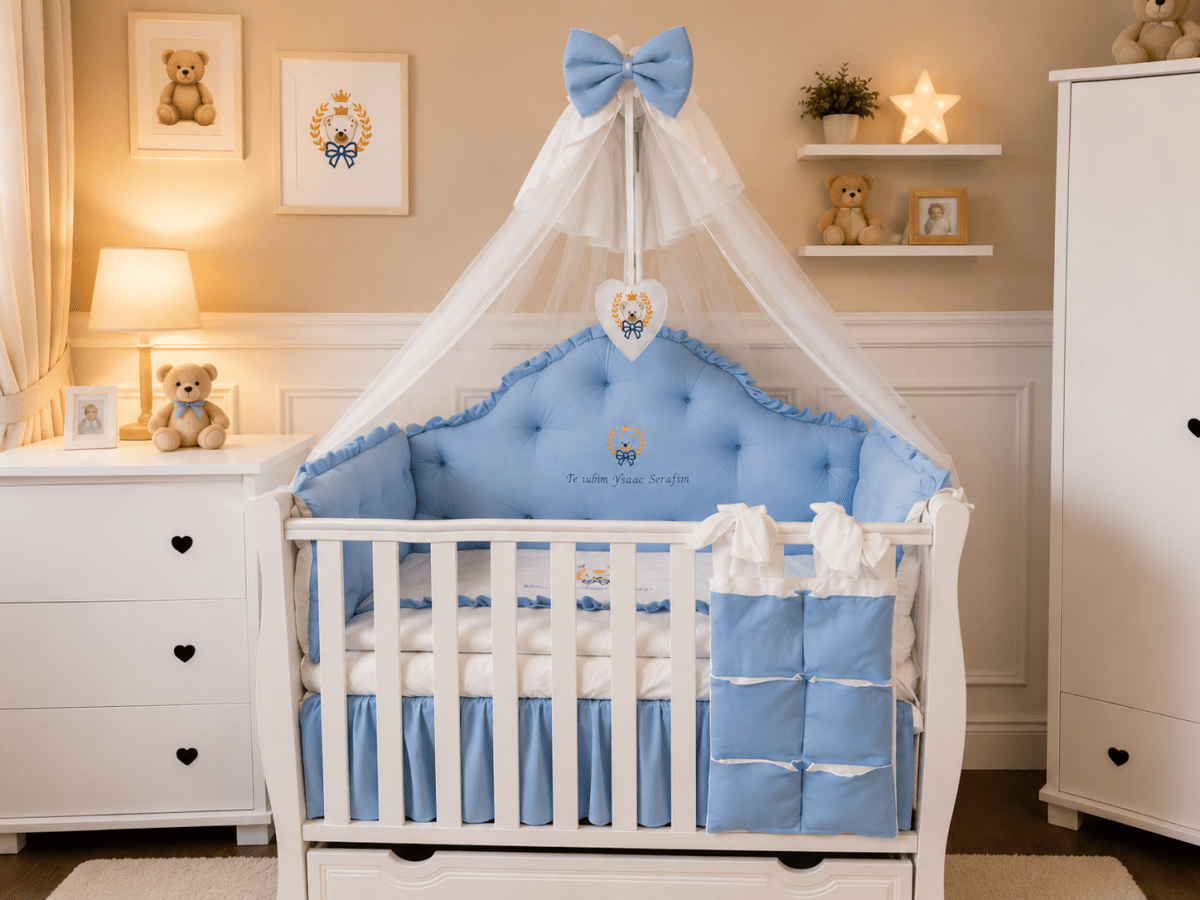 Lenjerie de patut personalizata 11 piese REGAL Blue - PEPPIbambini - Image 3