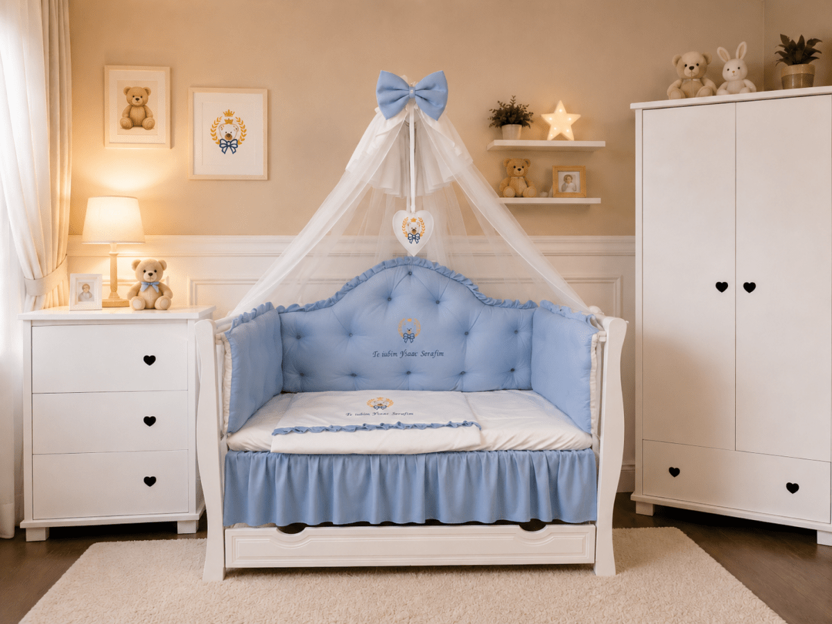 Lenjerie de patut personalizata 11 piese REGAL Blue - PEPPIbambini - Image 2