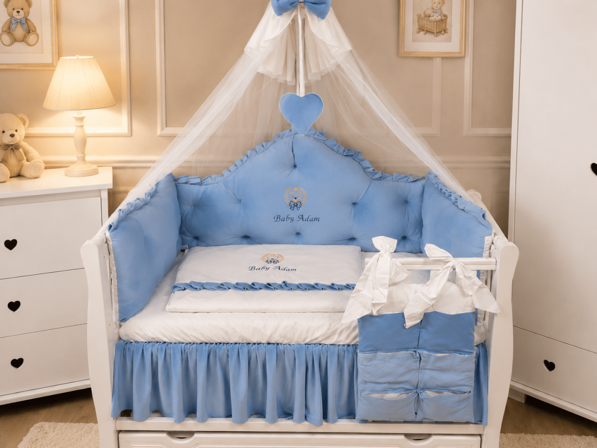 Lenjerie de patut personalizata 11 piese REGAL Catifea Blue - PEPPIbambini - Image 2