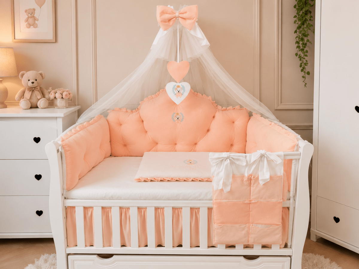 Lenjerie de patut personalizata 11 piese REGAL Catifea Somon - PEPPIbambini - imagine 3