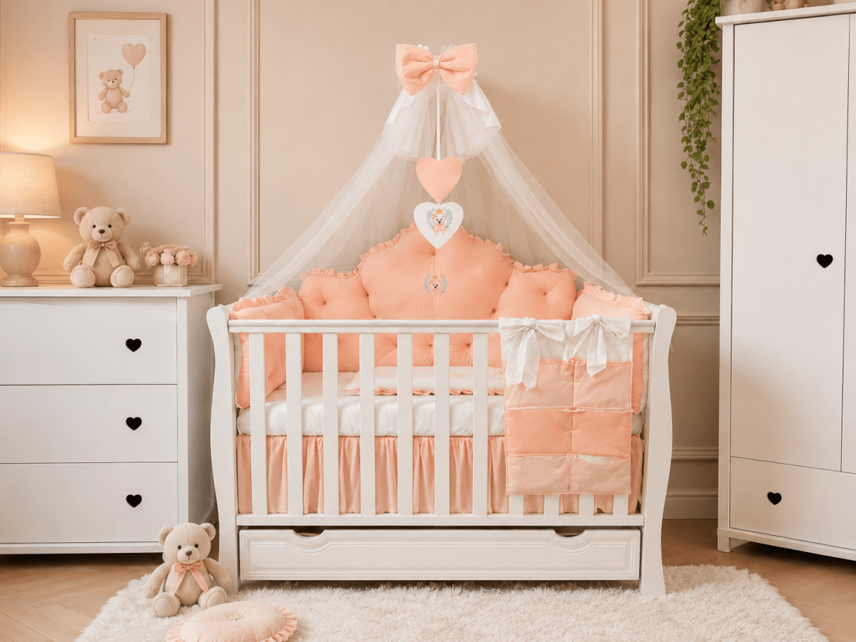 Lenjerie de patut personalizata 11 piese REGAL Catifea Somon - PEPPIbambini - imagine 2