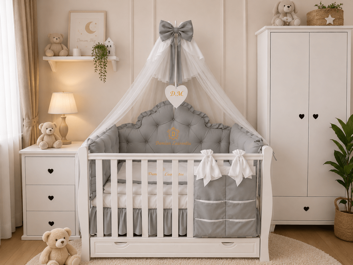 Lenjerie de patut personalizata 11 piese REGAL Grey - PEPPIbambini - imagine 3