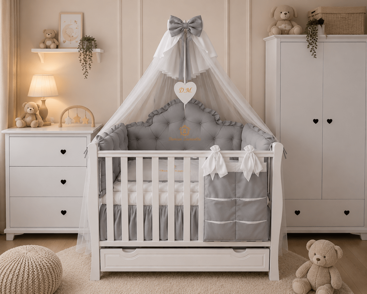 Lenjerie de patut personalizata 11 piese REGAL Grey - PEPPIbambini - imagine 2