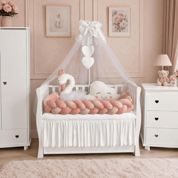 Lenjerie de patut personalizata 11 piese -Laterale Impletite Catifea Pink Lebada - PEPPIbambini