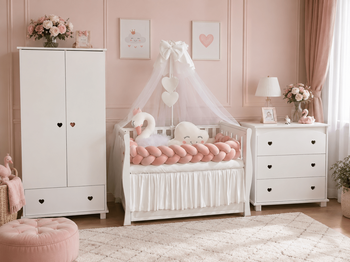 Lenjerie de patut personalizata 11 piese -Laterale Impletite Catifea Pink Lebada - PEPPIbambini - imagine 3