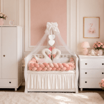 Lenjerie de patut personalizata 11 piese -Laterale Impletite Catifea Pink Lebada - PEPPIbambini