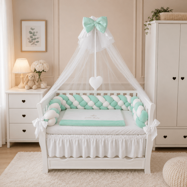 Lenjerie de patut personalizata 11 piese -Laterale Impletite Catifea Mint - PEPPIbambini