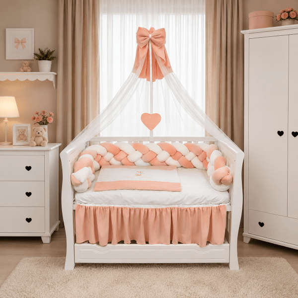 Lenjerie de patut personalizata 11 piese -Laterale Impletite Catifea Somon - PEPPIbambini