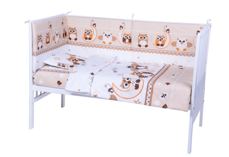 Lenjerie-patut-cu-5-piese-Bufnite-Beige-0 Lenjerie patut copii 5 piese - Bufnita Crem - Image 1