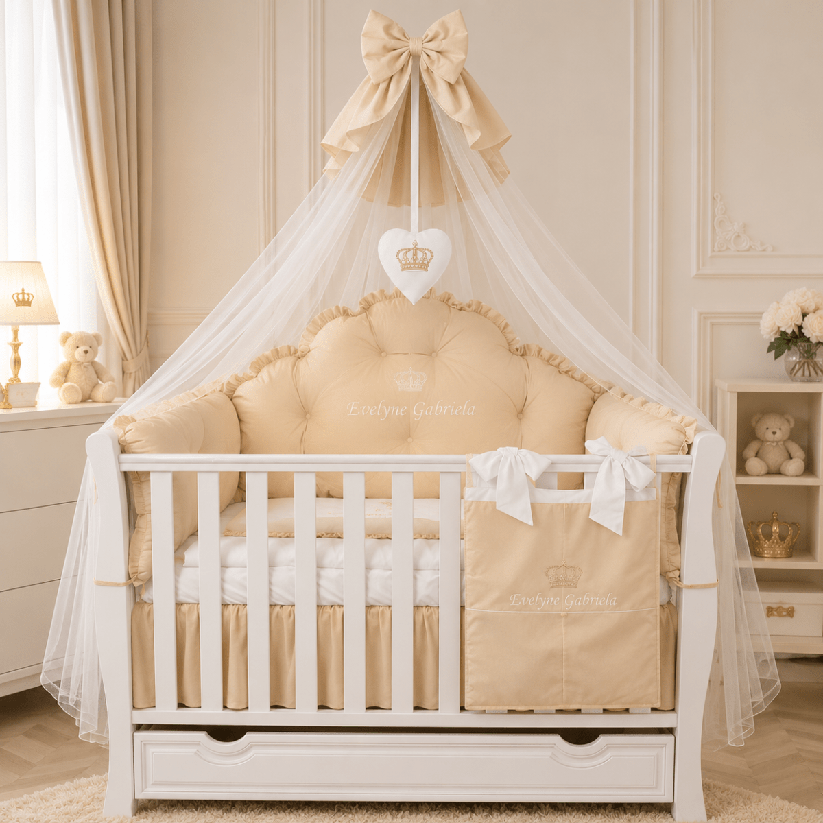 Lenjerie de patut personalizata 11 piese REGAL Catifea Beige - PEPPIbambini - imagine 3