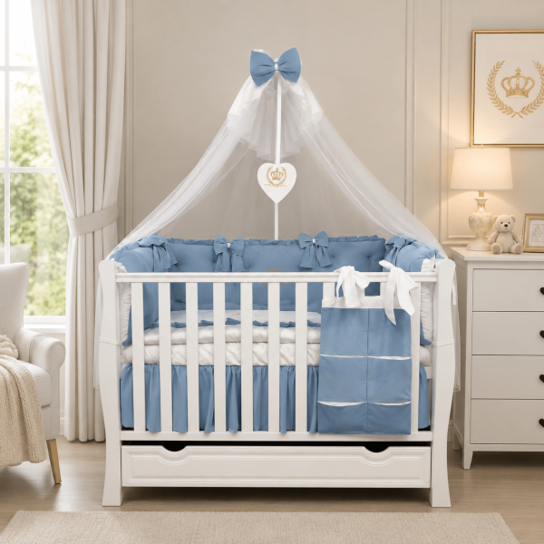 Lenjerie de patut personalizata 11 piese ROYAL Catifea Blue - PEPPIbambini