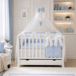 Lenjerie de patut personalizata 11 piese ROYAL White Blue Dublat - PEPPIbambini - imagine 4