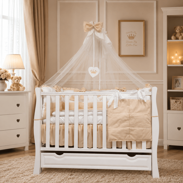 Lenjerie de patut personalizata 11 piese ROYAL White Beige - PEPPIbambini