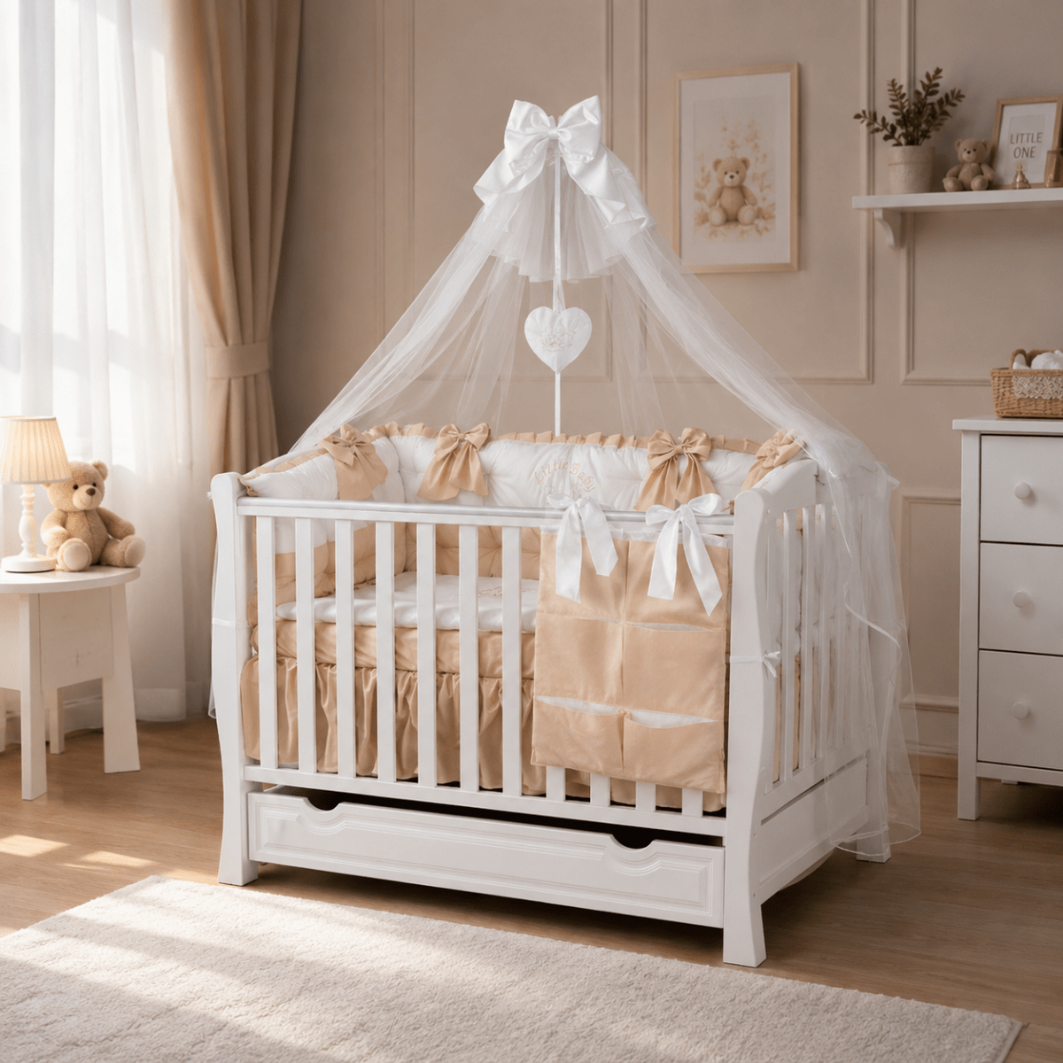 Lenjerie de patut personalizata 11 piese ROYAL White Beige - PEPPIbambini - imagine 3