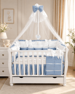 Lenjerie de patut personalizata 11 piese ROYAL White Catifea Blue - PEPPIbambini - imagine 2