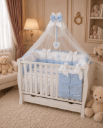 Lenjerie de patut personalizata 11 piese ROYAL White Blue Dublat - PEPPIbambini