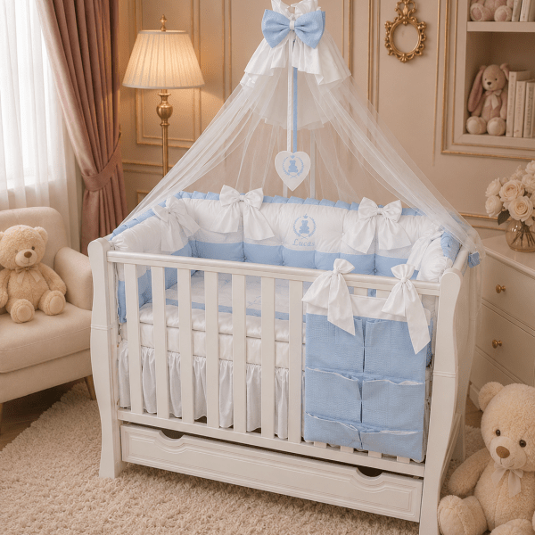 Lenjerie de patut personalizata 11 piese ROYAL White Blue Dublat - PEPPIbambini