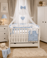 Lenjerie de patut personalizata 11 piese ROYAL White Blue Dublat Dino - PEPPIbambini - imagine 3
