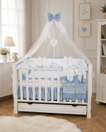 Lenjerie de patut personalizata 11 piese ROYAL White Blue Catifea - PEPPIbambini - Image 2