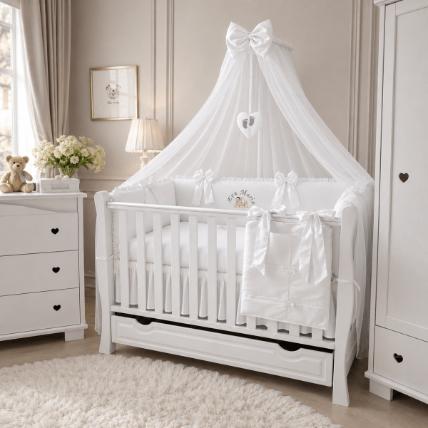 Lenjerie de patut personalizata 11 piese ROYAL White Catifea - PEPPIbambini