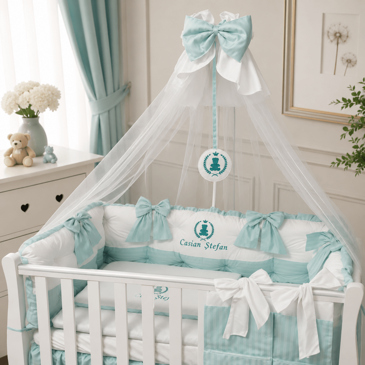 Lenjerie de patut personalizata 11 piese ROYAL White Mint Casian - PEPPIbambini - imagine 2