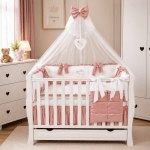 Lenjerie de patut personalizata 11 piese ROYAL White Pink Catifea - PEPPIbambini