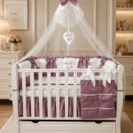 Lenjerie de patut personalizata 11 piese ROYAL White Purple - PEPPIbambini