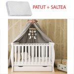 Patut bebe din lemn multifunctional Regal White + Saltea Cocos - MAMO-TATO