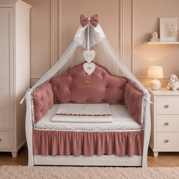 Lenjerie de patut personalizata 11 piese REGAL Catifea Pink - PEPPIbambini
