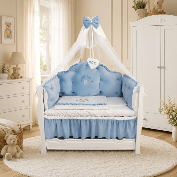 Lenjerie de patut personalizata 11 piese REGAL Catifea Blue - PEPPIbambini