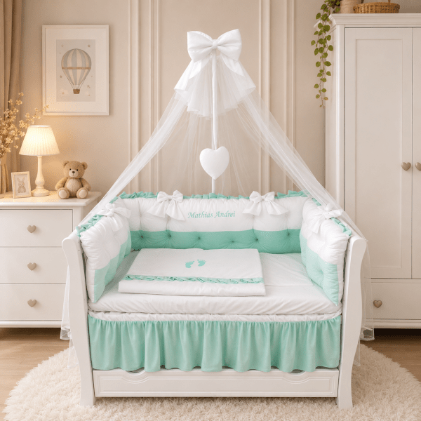 Lenjerie de patut personalizata 11 piese ROYAL Catifea White Mint - PEPPIbambini