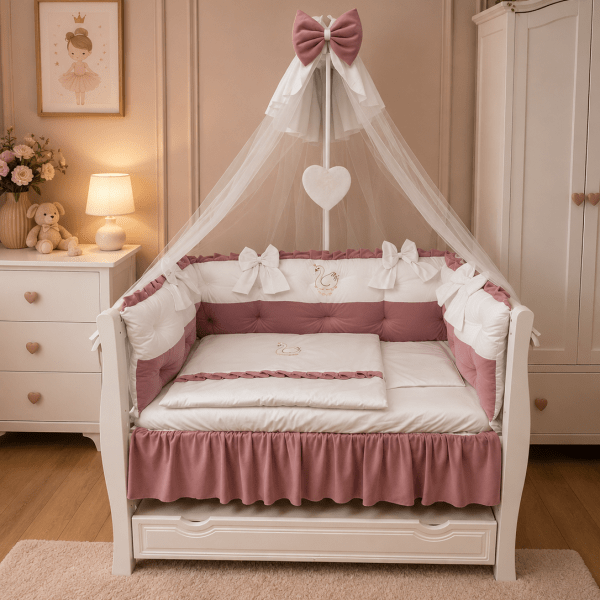 Lenjerie de patut personalizata 11 piese ROYAL Catifea White Pink - PEPPIbambini