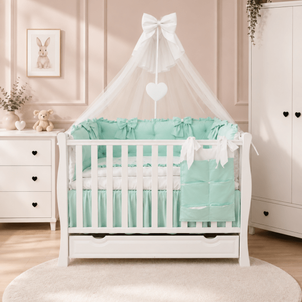 Lenjerie de patut personalizata 11 piese ROYAL Catifea Mint - PEPPIbambini
