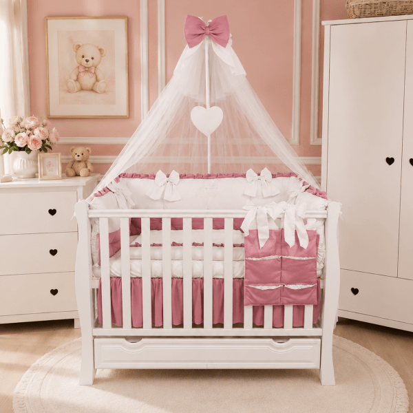 Lenjerie de patut personalizata 11 piese ROYAL Catifea White Pink - PEPPIbambini