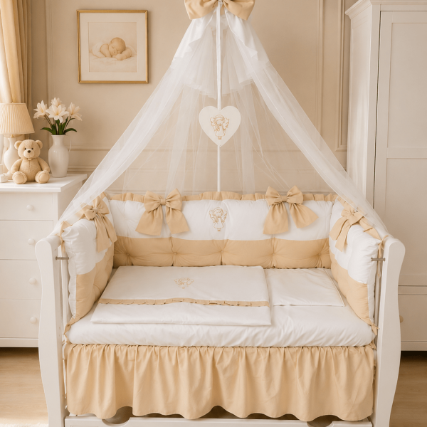 Lenjerie de patut personalizata 11 piese ROYAL White Beige - PEPPIbambini