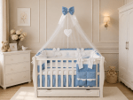 Lenjerie de patut personalizata 11 piese ROYAL Catifea White Blue - PEPPIbambini - imagine 3