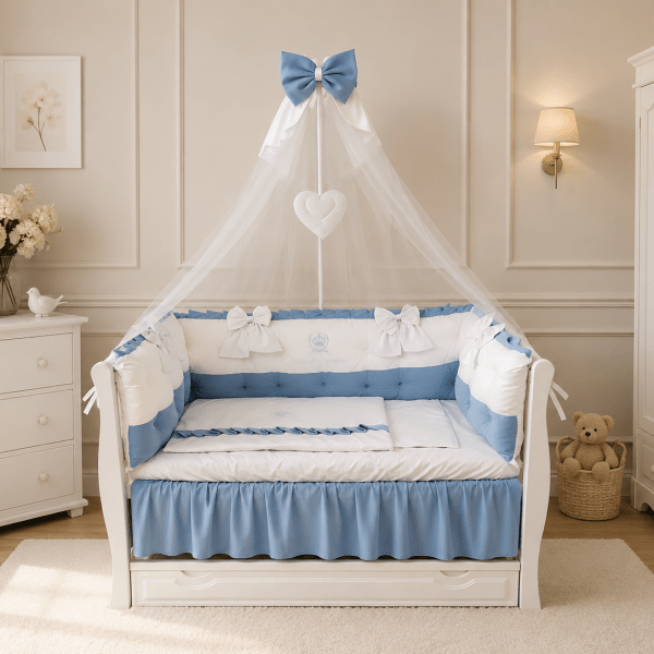 Lenjerie de patut personalizata 11 piese ROYAL Catifea White Blue - PEPPIbambini