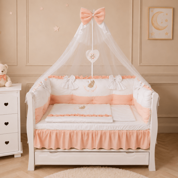 Lenjerie de patut personalizata 11 piese ROYAL Catifea White Somon - PEPPIbambini