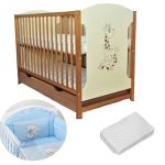 MAMO-TATO - Patut din lemn Giraffe Natur + Saltea Cocos + Laterala Blue