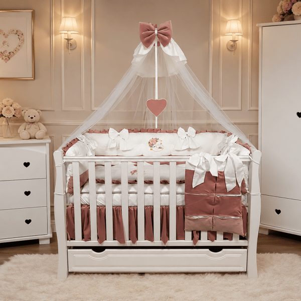 Lenjerie de patut personalizata 11 piese ROYAL White Pink Catifea - PEPPIbambini