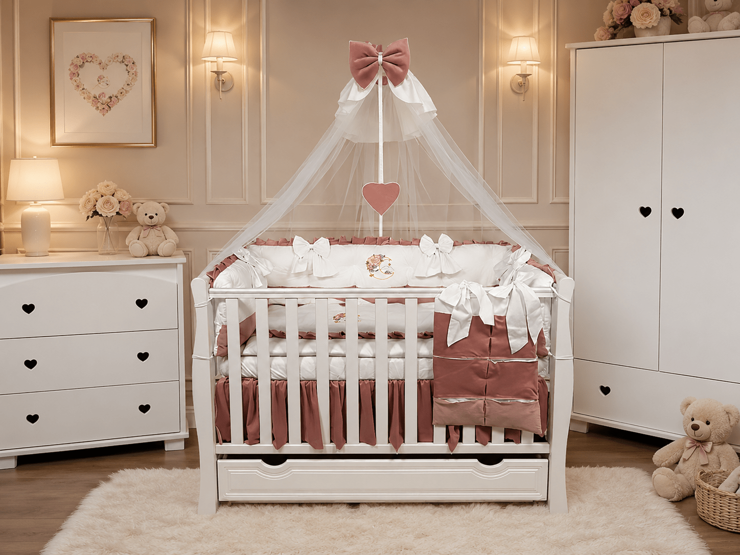 lenjerie-bebe-personalizata-06-12-2024-19 Lenjerie de patut personalizata 11 piese ROYAL White Pink Catifea - PEPPIbambini - imagine 1