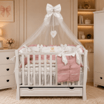 Lenjerie de patut personalizata 11 piese ROYAL White Pink Dublat - PEPPIbambini