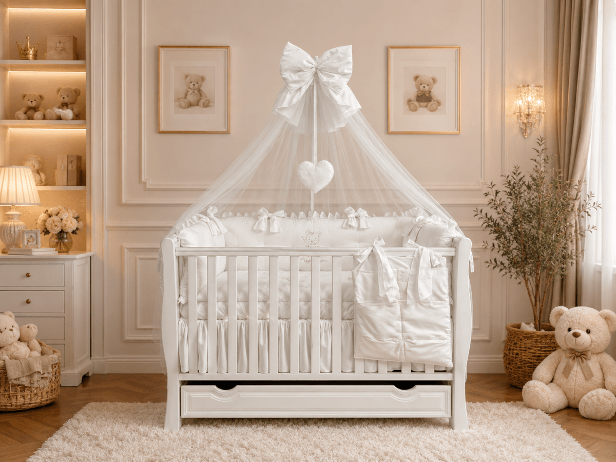 Lenjerie de patut personalizata 11 piese ROYAL Catifea White - PEPPIbambini - Image 4