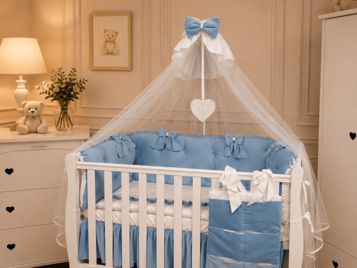 Lenjerie de patut personalizata 11 piese ROYAL Catifea Blue - PEPPIbambini - imagine 2