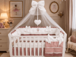 Lenjerie de patut personalizata 11 piese ROYAL Catifea White Pink Anastasia - PEPPIbambini - imagine 2