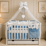Lenjerie de patut personalizata 11 piese ROYAL Catifea White Blue - PEPPIbambini