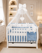 Lenjerie de patut personalizata 11 piese ROYAL Catifea White Blue - PEPPIbambini