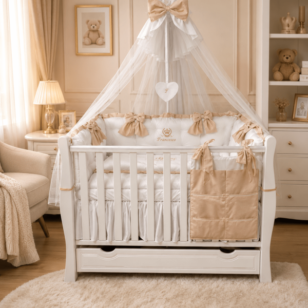 Lenjerie de patut personalizata 11 piese ROYAL White Beige Franceco - PEPPIbambini